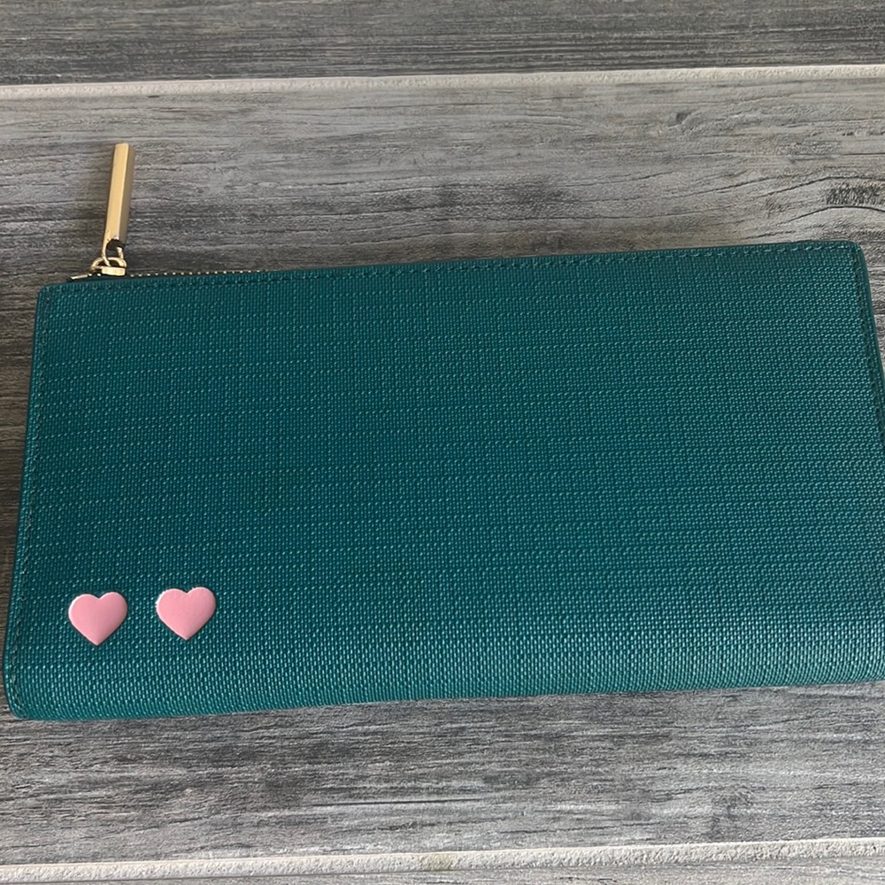 Dagne Dover Teal Slim Wallet with Pink Heart Accents